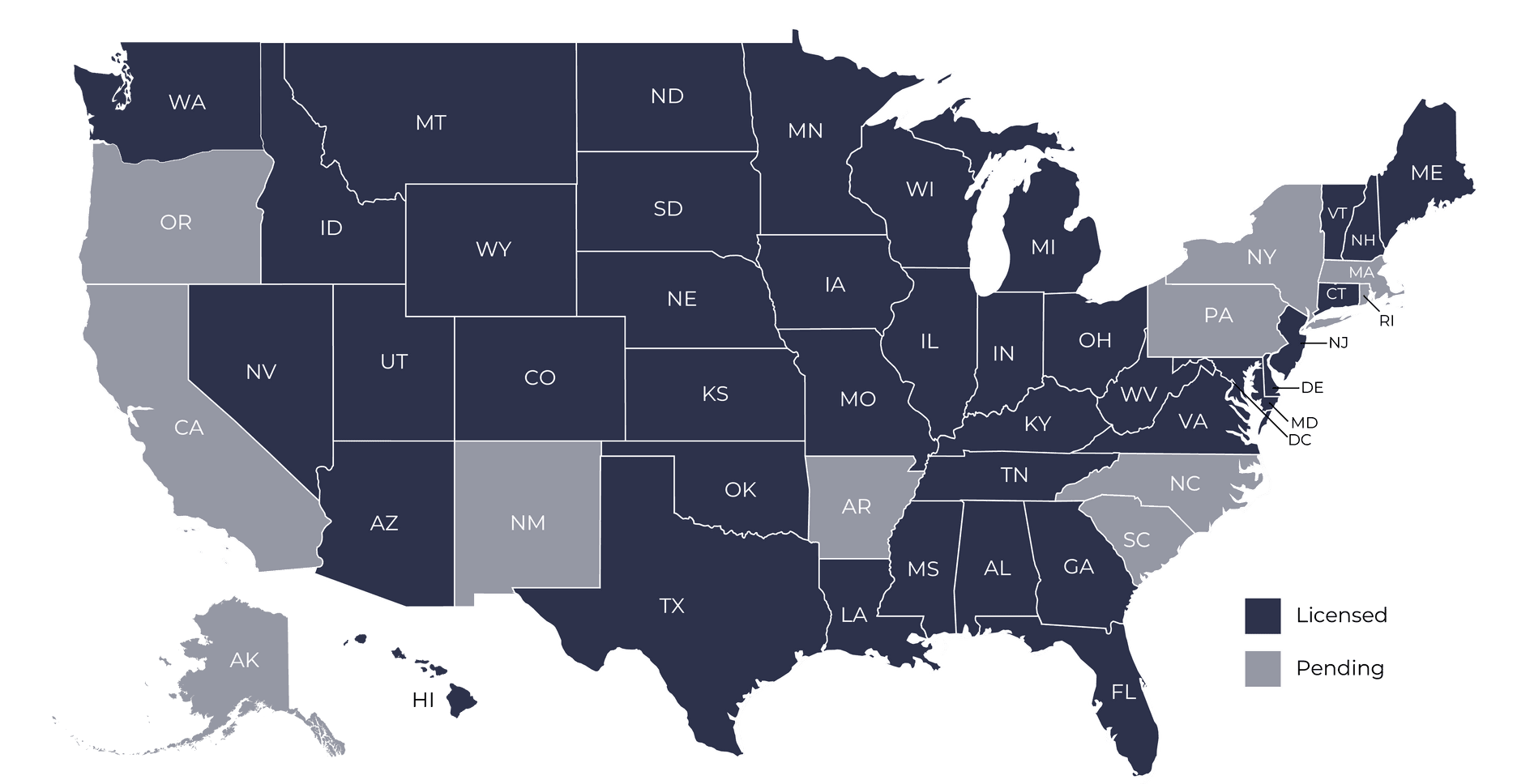 Map of the United States showing the states where HealthyVue is licensed and the states where a license is pending.